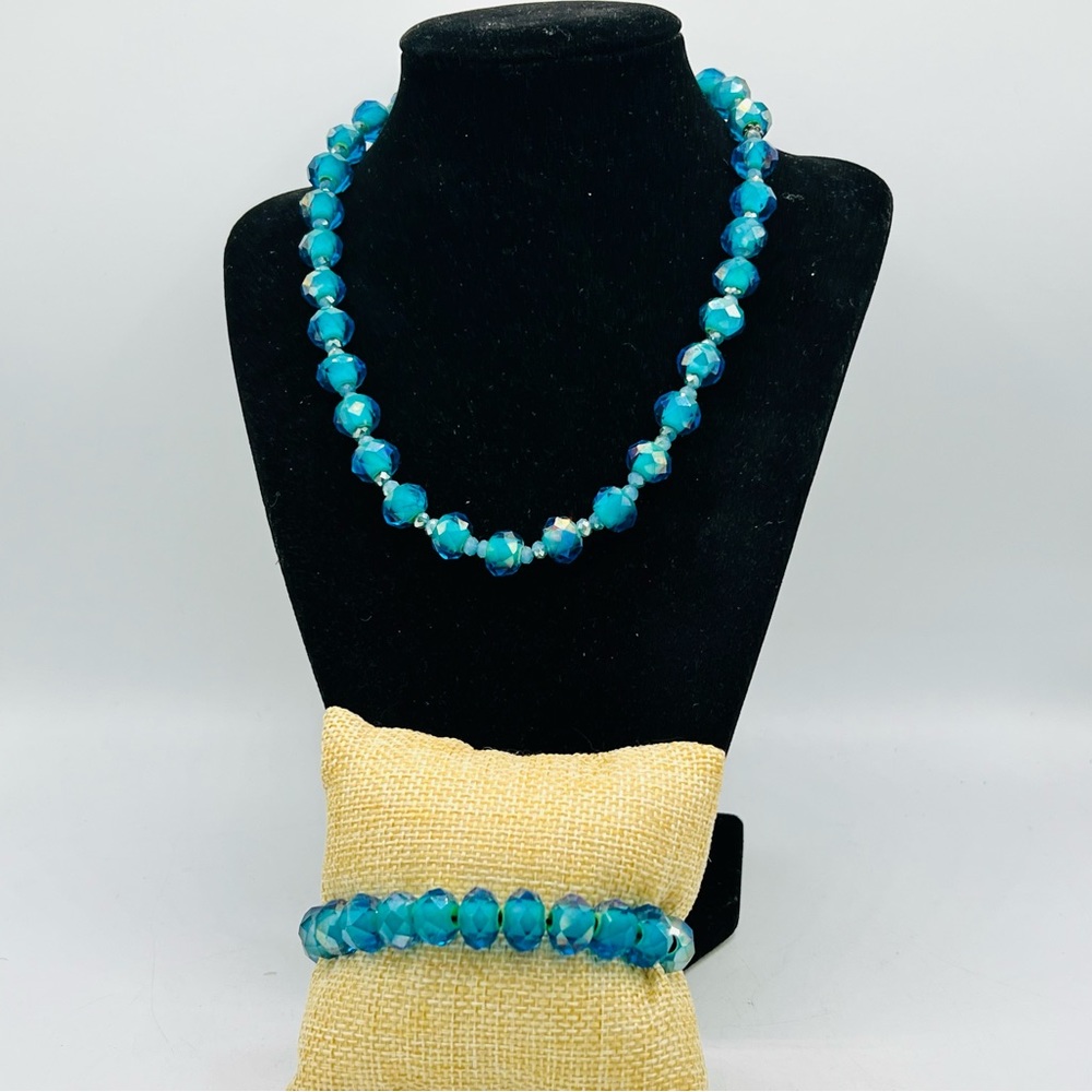 $150 Swarovski aqua blue crystal bead necklace & bracelet set artisan stunning - Picture 6 of 12